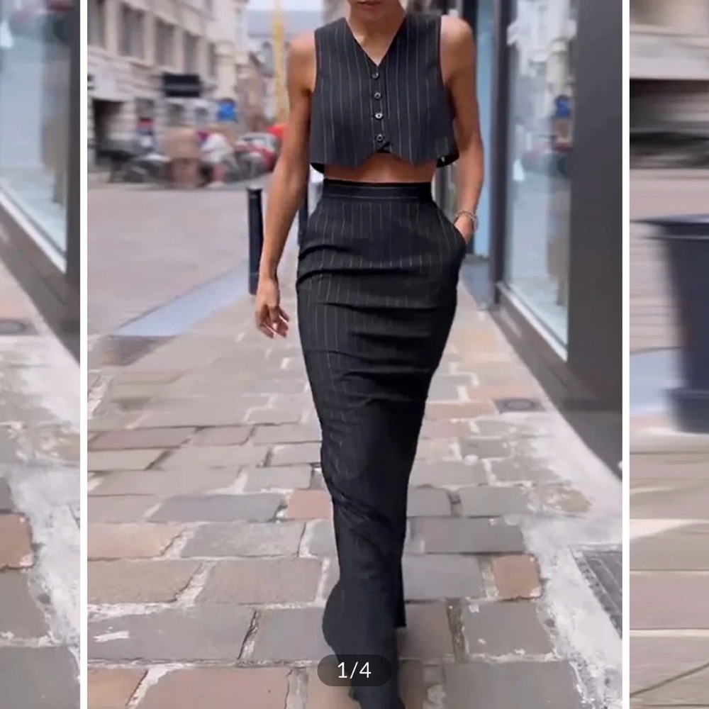 Commense Black Pinstripe Two-Piece Skirt Set